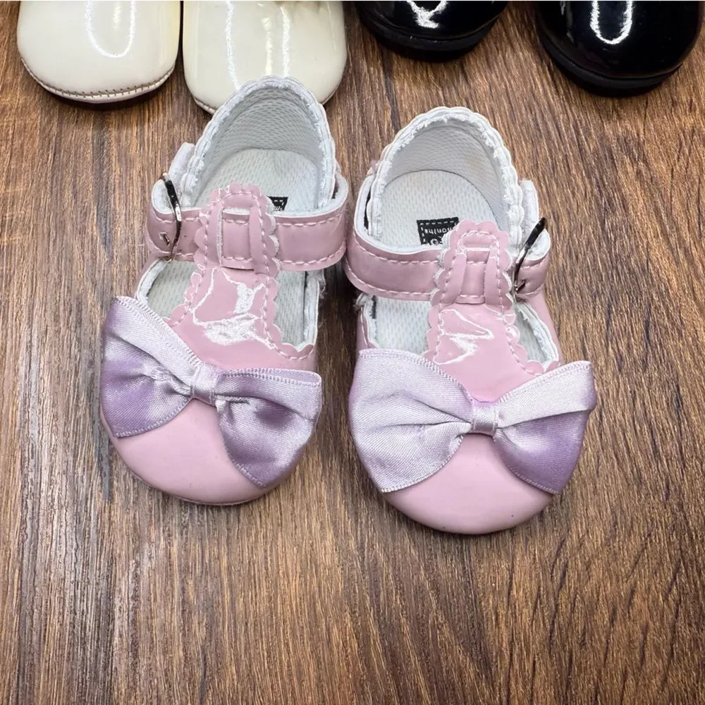 Pink black ivory baby girl formal dress shoes size 2 bows flowers 3-6 months